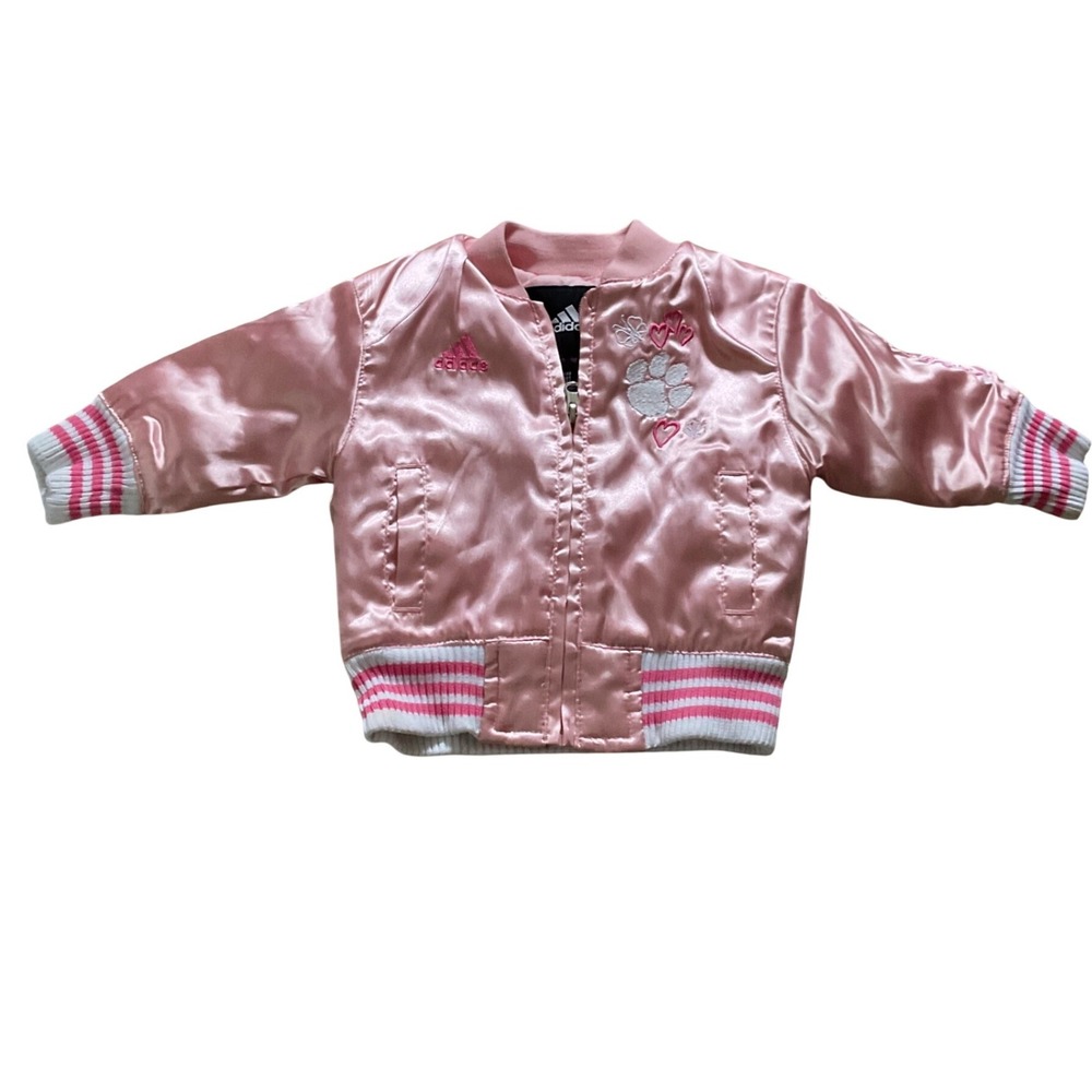 Adidas Clemson Tigers Baby Girl Pink Satin Bomber Jacket 12 Months Full Zip
